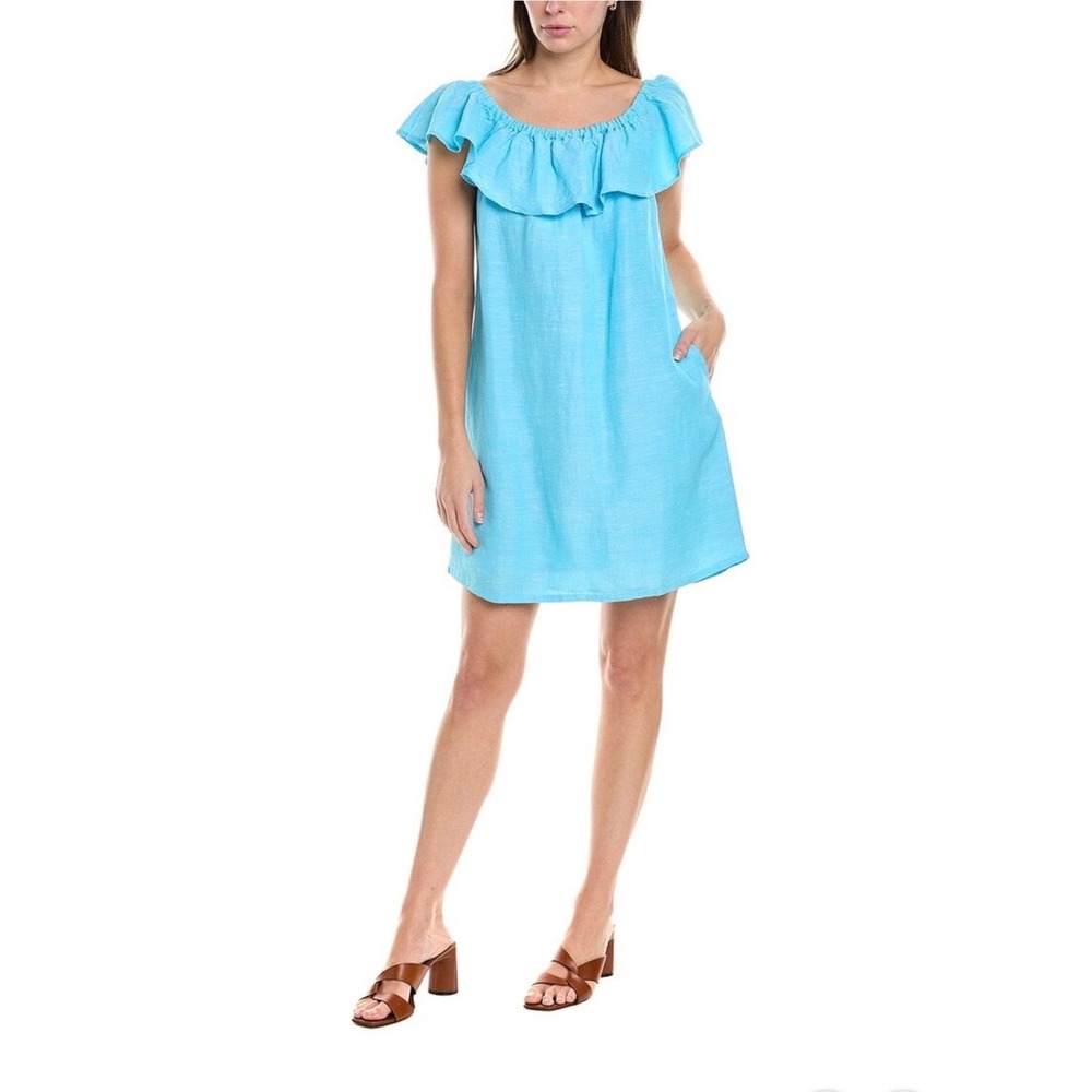 Tommy Bahama womens St. Lucia Ruffle Linen-Blend Cover-Up Dress Blue Size L